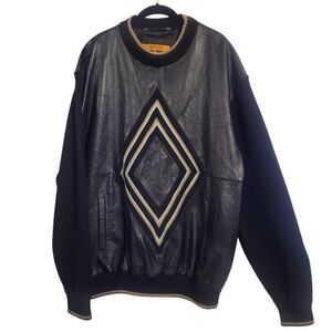 Maxini Collezione Mens XXL Black Leather Wool Blend Diamond Sweater Jacket